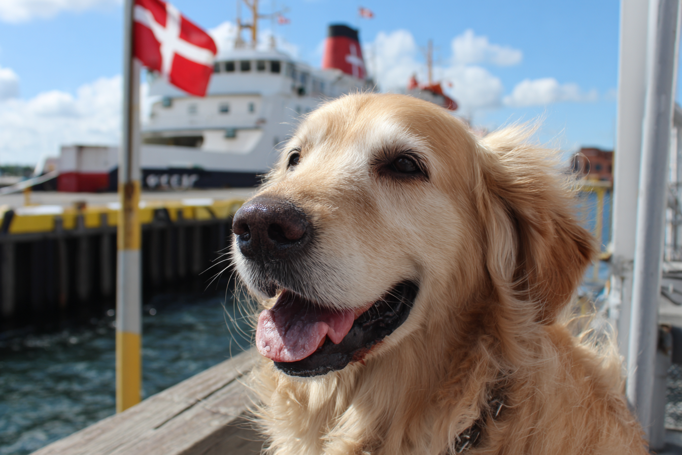 Dog on the deck of a Baltic Sea ferry heading to Denmark