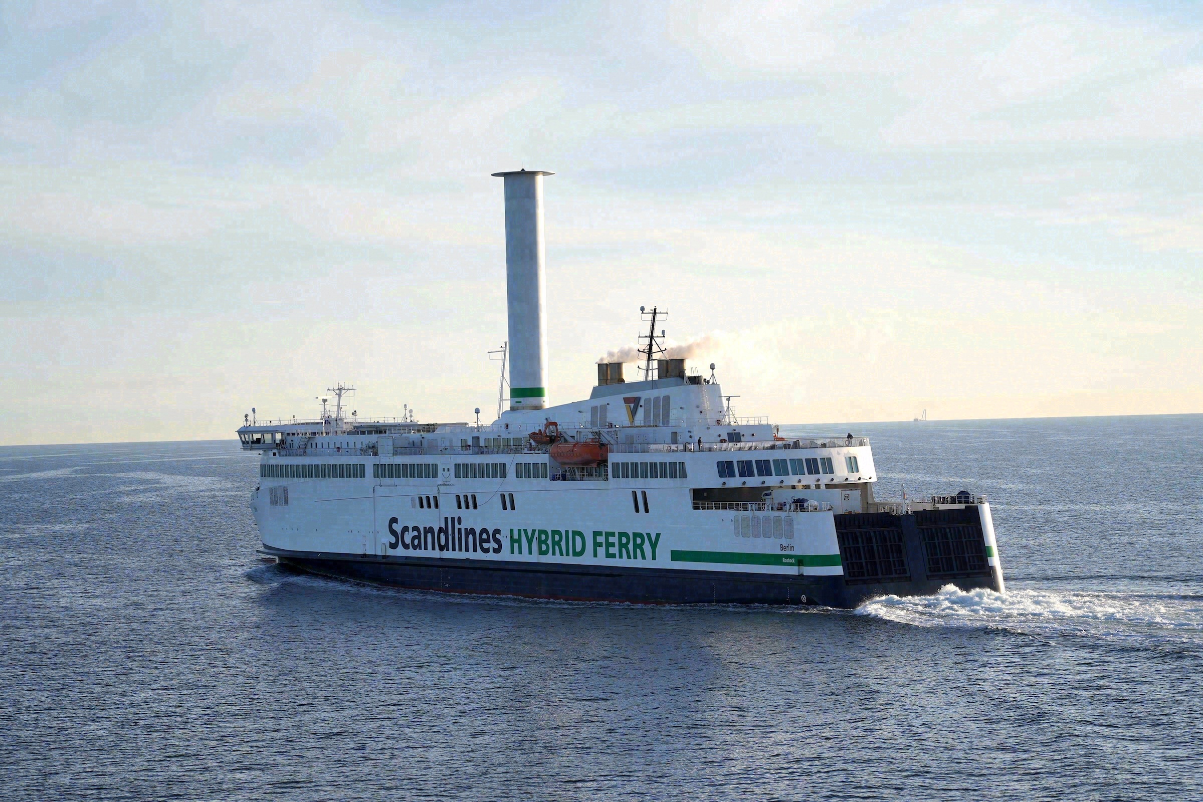 The Scandlines hybrid ferry Berlin on the Rostock - Gedser route, recognisable by the Flettner rotor on deck.