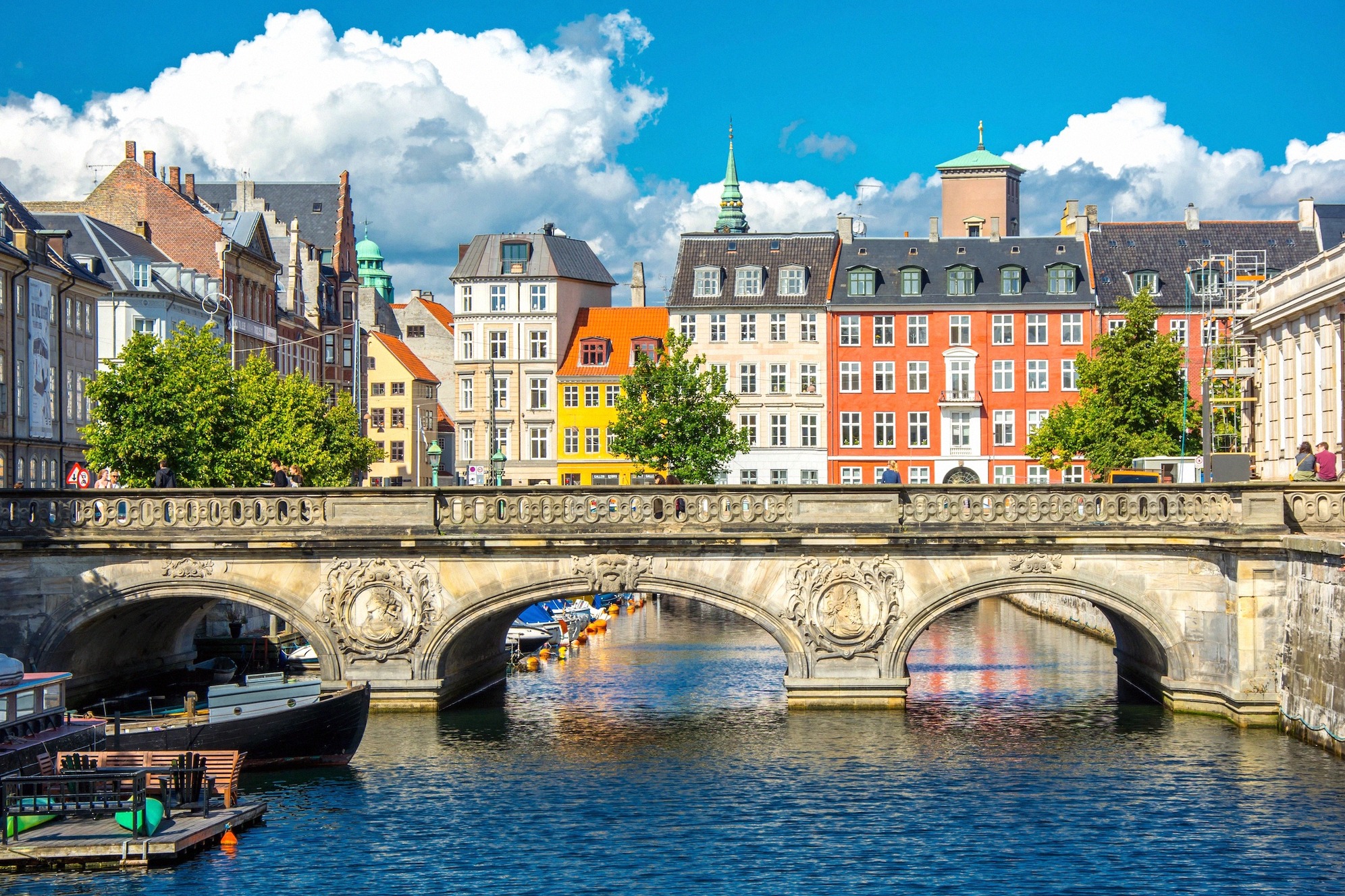 Canal with bridge and old town houses in Copenhagen on Zealand