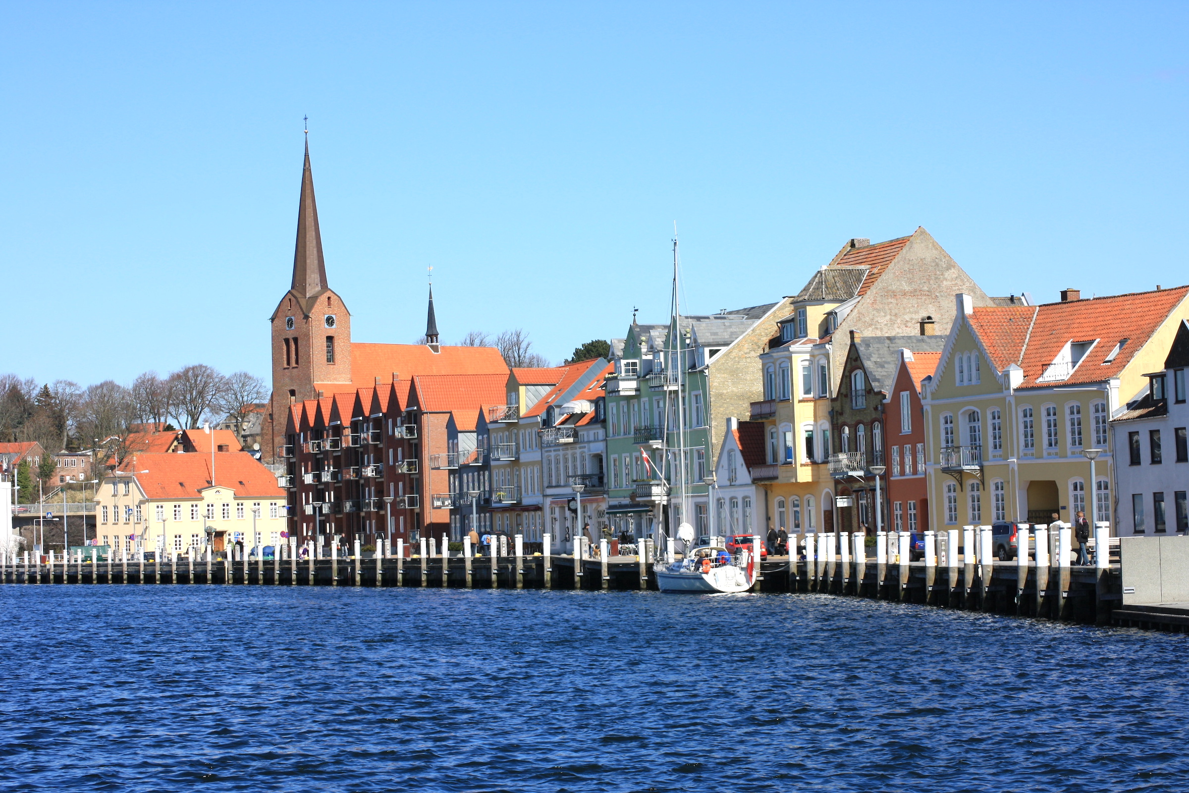 The colourful harbour front of Sønderborg on the island of Als, on the approach to the ferry terminal in Fynshav.